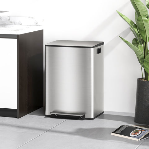 Balde de Lixo de Cozinha com 2 Compartimentos 2x30L Cubo de Lixo de Aço Inoxidável com Pedal Fechamento Suave e Cubo Amovível para Escritório Cozinha Prata