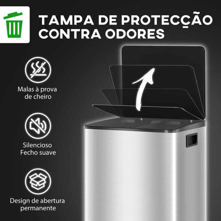 Balde de Lixo de Cozinha com 2 Compartimentos 2x30L Cubo de Lixo de Aço Inoxidável com Pedal Fechamento Suave e Cubo Amovível para Escritório Cozinha Prata