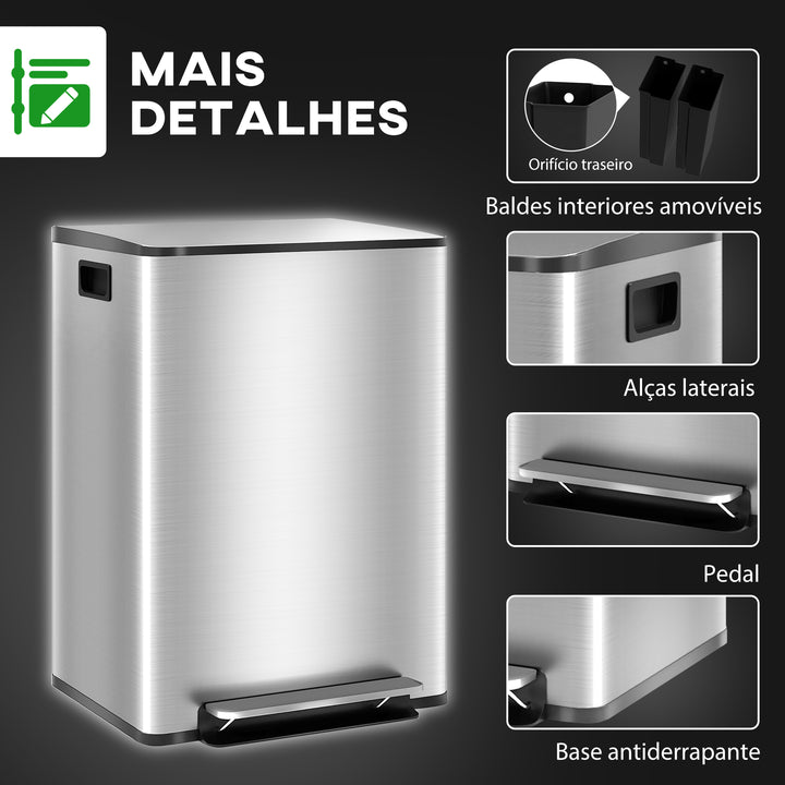 Balde de Lixo de Cozinha com 2 Compartimentos 2x30L Cubo de Lixo de Aço Inoxidável com Pedal Fechamento Suave e Cubo Amovível para Escritório Cozinha Prata