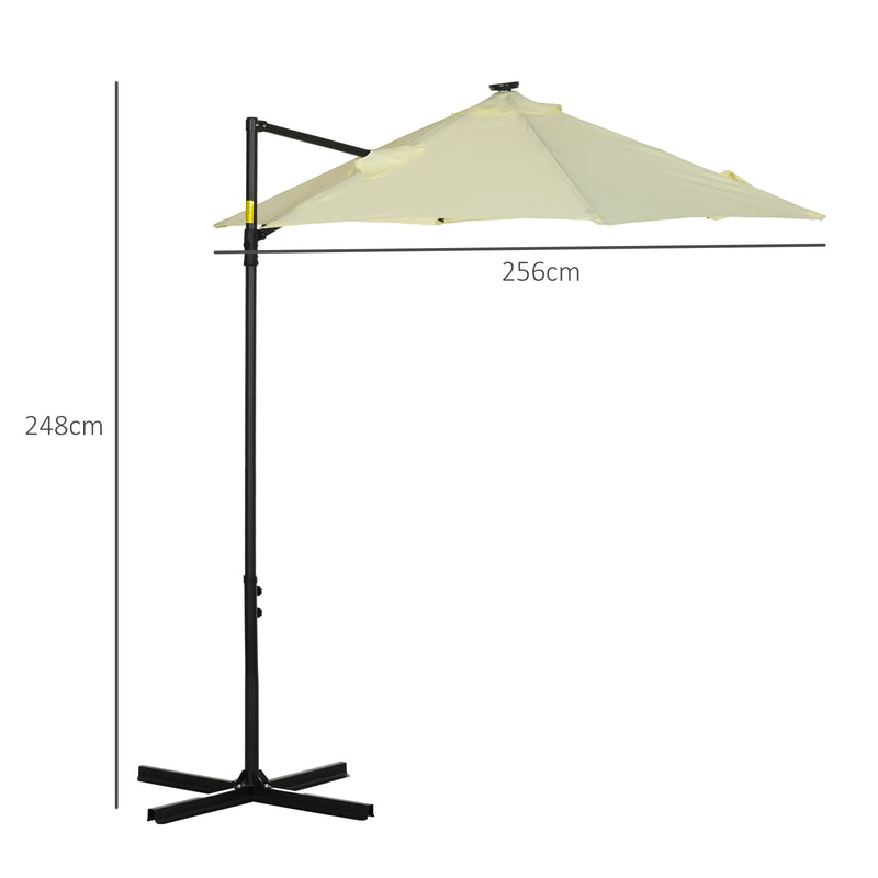 Chapéu de Sol Excêntrico Ø256x248 cm com Luzes LED Solar Mastro Giratório 360° Chapéu de Sol de Exterior com Manivela Manual e Ventilação Superior Bege