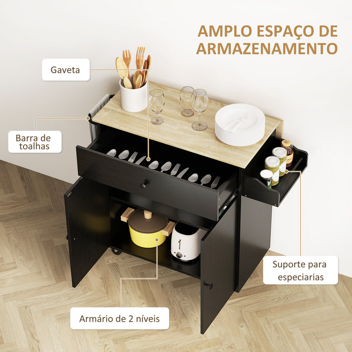 Ilha de Cozinha com Rodas Carrinho de Cozinha com Lateral Dobrável 2 Portas Gaveta Suporte para Temperos e Panos e Prateleira Ajustável 106x42x87 cm Preto e Carvalho