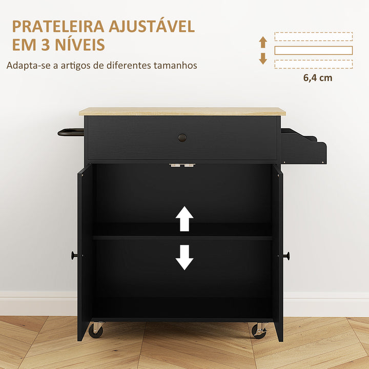 Ilha de Cozinha com Rodas Carrinho de Cozinha com Lateral Dobrável 2 Portas Gaveta Suporte para Temperos e Panos e Prateleira Ajustável 106x42x87 cm Preto e Carvalho