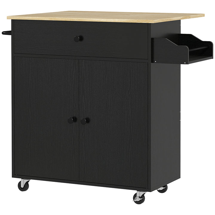 Ilha de Cozinha com Rodas Carrinho de Cozinha com Lateral Dobrável 2 Portas Gaveta Suporte para Temperos e Panos e Prateleira Ajustável 106x42x87 cm Preto e Carvalho