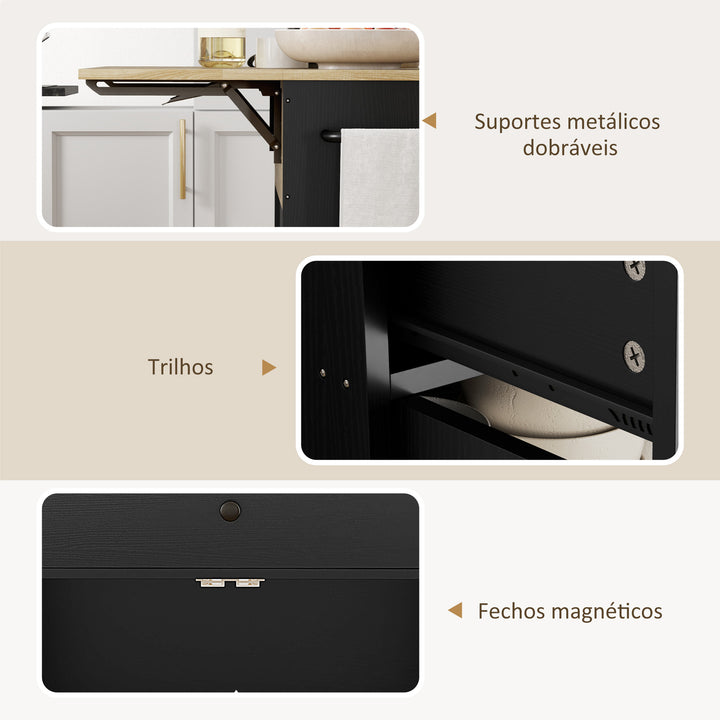 Ilha de Cozinha com Rodas Carrinho de Cozinha com Lateral Dobrável 2 Portas Gaveta Suporte para Temperos e Panos e Prateleira Ajustável 106x42x87 cm Preto e Carvalho
