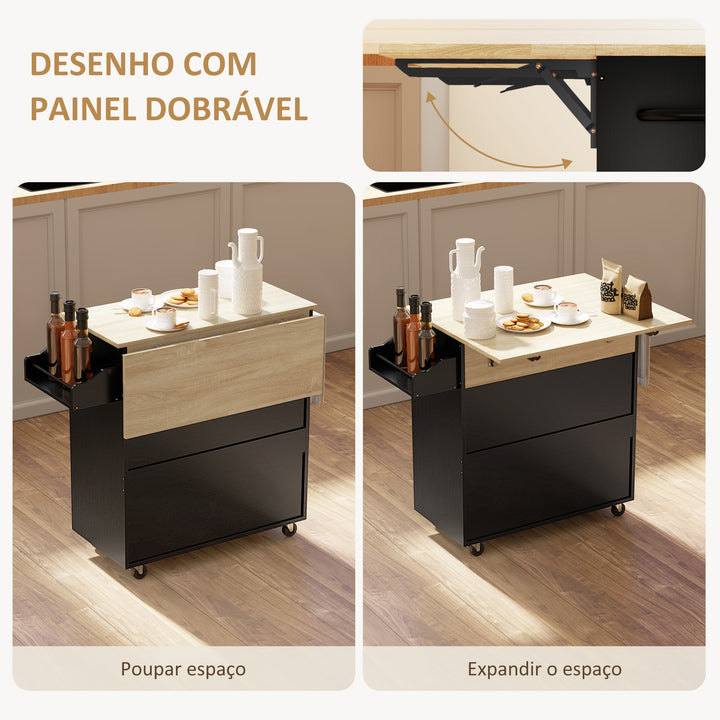 Ilha de Cozinha com Rodas Carrinho de Cozinha com Lateral Dobrável 2 Portas Gaveta Suporte para Temperos e Panos e Prateleira Ajustável 106x42x87 cm Preto e Carvalho