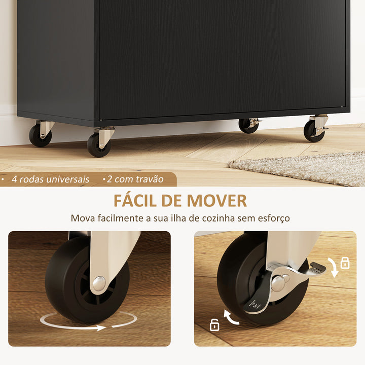 Ilha de Cozinha com Rodas Carrinho de Cozinha com Lateral Dobrável 2 Portas Gaveta Suporte para Temperos e Panos e Prateleira Ajustável 106x42x87 cm Preto e Carvalho