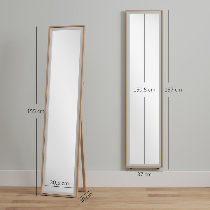 Espelho de Pé 157x37 cm com Moldura em MDF Espelho de Parede Retangular para Pendurar com Suporte 2 Formas de Utilização para Sala de Estar Entrada e Quarto Madeira e Prata