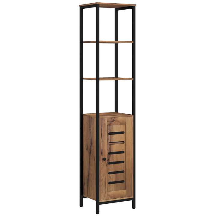 Coluna Casa de Banho Armário Alto Casa de Banho Estreito com Porta de Ripas Prateleiras Ajustáveis Compartimentos Abertos Estrutura de Aço 37x30x167 cm Castanho Rústico