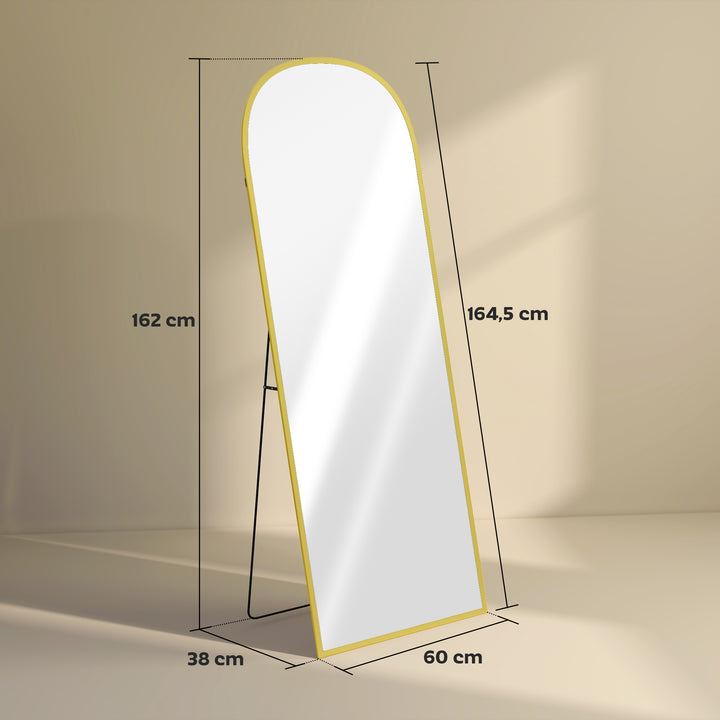 Espelho de Pé Espelho de Corpo Inteiro 60x165 cm Espelho de Parede com Estrutura de Liga de Alumínio e Suporte para Sala Quarto Banheiro Dourado