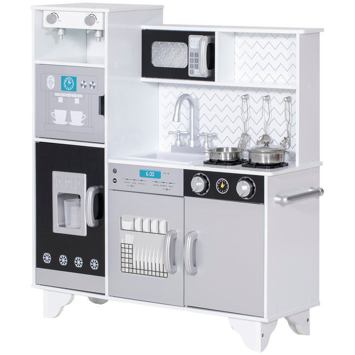 Cozinha de Madeira com Som Cozinha Infantil com Acessórios em Aço Inoxidável Micro-Ondas, Máquina de Gelo Cafeteira, Máquina de Lavar Loiça para Crianças a partir dos 3 Anos 79,5x24x83,8 cm Branco