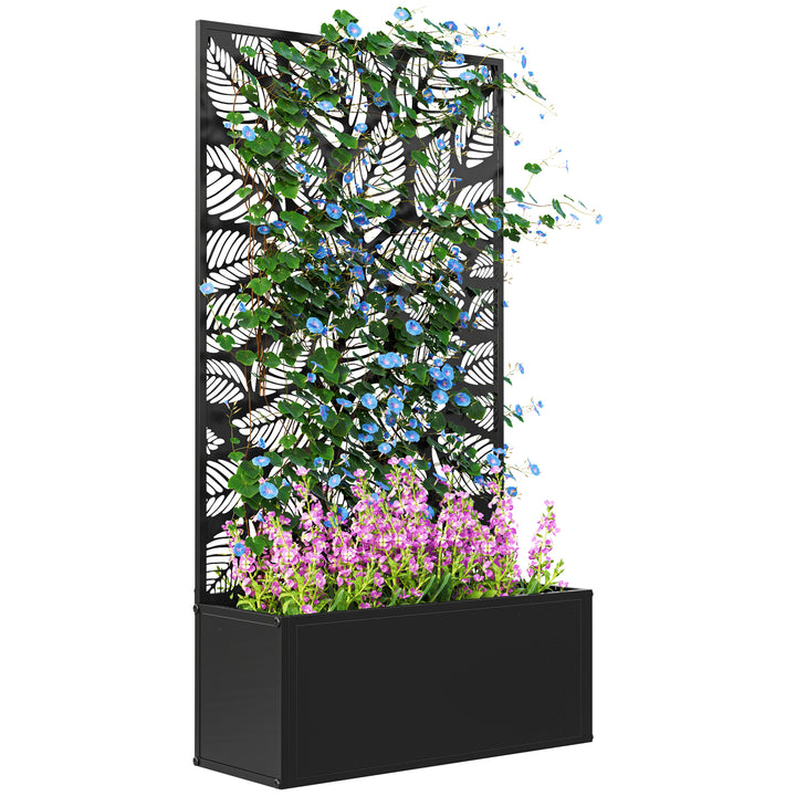Floreira de Exterior Floreira de Metal com Ecrã de Privacidade com Folhas Decorativas Floreira de Parede ou Independente para Pátio Varanda 61x23x113 cm Preto