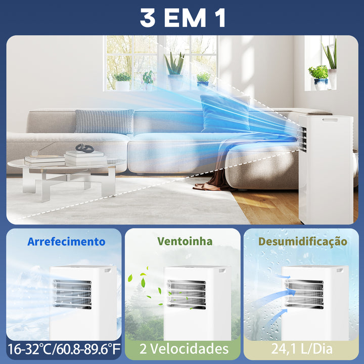 Ar Condicionado Portátil 3 em 1 9000 BTU Arrefecedor Ventoinha Desumidificador 24,1 L/Dia com Controlo Remoto e Ecrã LED Temporizador 24h 2 Velocidades para Divisão 25m² 30x29x69 cm Branco