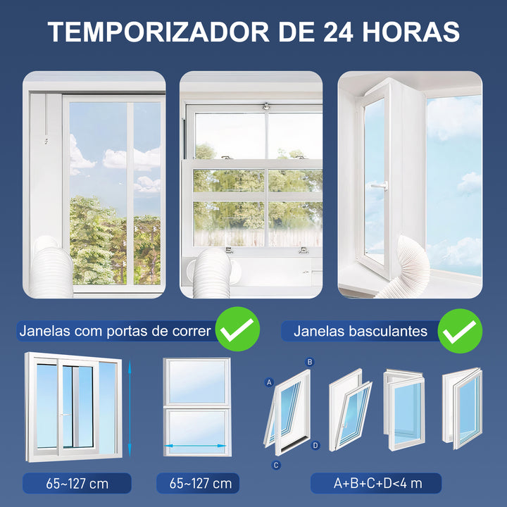 Ar Condicionado Portátil 3 em 1 9000 BTU Arrefecedor Ventoinha Desumidificador 24,1 L/Dia com Controlo Remoto e Ecrã LED Temporizador 24h 2 Velocidades para Divisão 25m² 30x29x69 cm Branco