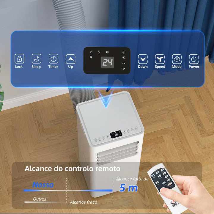 Ar Condicionado Portátil 3 em 1 9000 BTU Arrefecedor Ventoinha Desumidificador 24,1 L/Dia com Controlo Remoto e Ecrã LED Temporizador 24h 2 Velocidades para Divisão 25m² 30x29x69 cm Branco