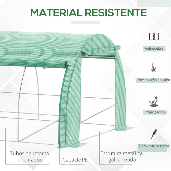 Estufa de Túnel de Jardim 597x300x200 cm com Porta Lateriais e Janelas Enroláveis Cobertura de PE 140g/m² e Metal Galvanizado para Cultivos de Plantas Verduras Verde