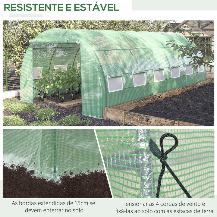 Estufa de Túnel de Jardim 597x300x200 cm com Porta Lateriais e Janelas Enroláveis Cobertura de PE 140g/m² e Metal Galvanizado para Cultivos de Plantas Verduras Verde