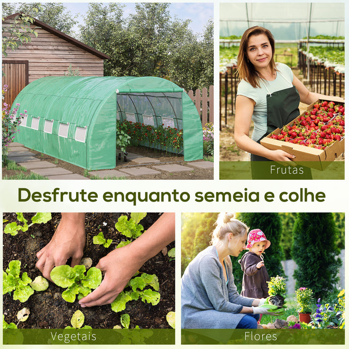 Estufa de Túnel de Jardim 597x300x200 cm com Porta Lateriais e Janelas Enroláveis Cobertura de PE 140g/m² e Metal Galvanizado para Cultivos de Plantas Verduras Verde