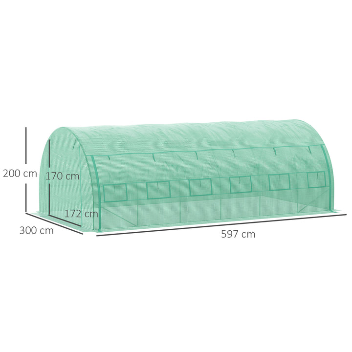 Estufa de Túnel de Jardim 597x300x200 cm com Porta Lateriais e Janelas Enroláveis Cobertura de PE 140g/m² e Metal Galvanizado para Cultivos de Plantas Verduras Verde