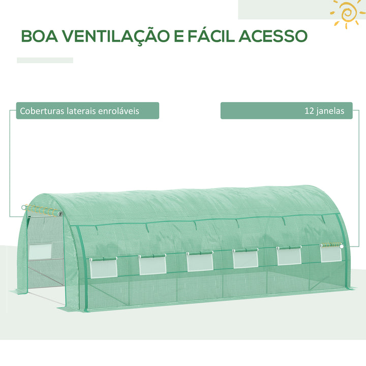Estufa de Túnel de Jardim 597x300x200 cm com Porta Lateriais e Janelas Enroláveis Cobertura de PE 140g/m² e Metal Galvanizado para Cultivos de Plantas Verduras Verde