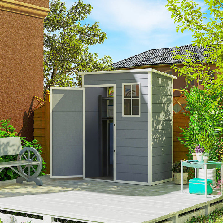 Abrigo de Jardim 1,14 m² 151x92x193 cm Abrigo de Exterior Metálico com Chão Porta de Correr Janela e Teto Inclinado para Armazenamento de Ferramentas Cinzento