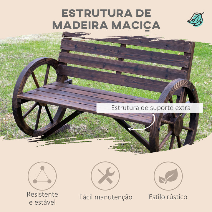 Banco de madeira ao ar livre com apoio de braços em forma de roda Vista envelhecida para varanda Terraço 105,5x56x75 cm Marrom rústico