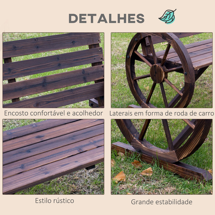 Banco de madeira ao ar livre com apoio de braços em forma de roda Vista envelhecida para varanda Terraço 105,5x56x75 cm Marrom rústico