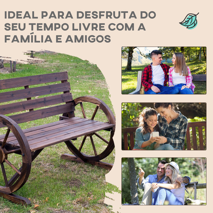 Banco de madeira ao ar livre com apoio de braços em forma de roda Vista envelhecida para varanda Terraço 105,5x56x75 cm Marrom rústico