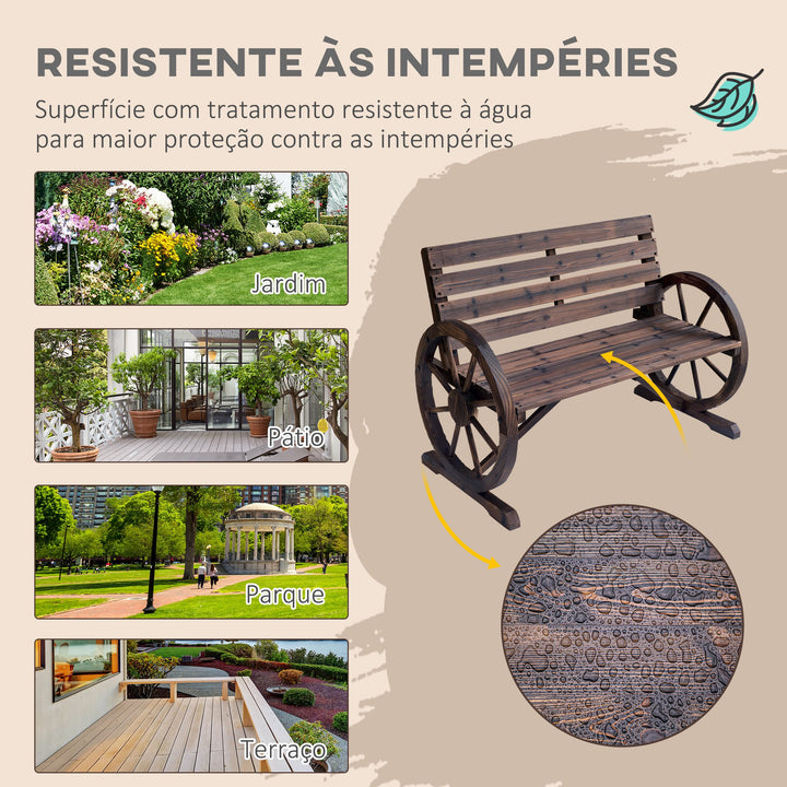 Banco de madeira ao ar livre com apoio de braços em forma de roda Vista envelhecida para varanda Terraço 105,5x56x75 cm Marrom rústico
