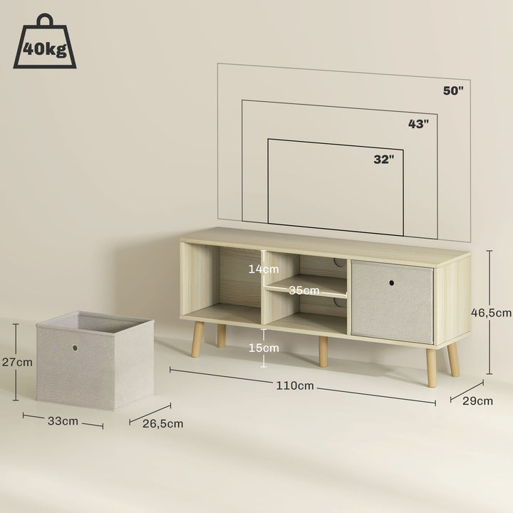 Móvel de TV para Televisores de até 50 Polegadas Móvel de Sala de Estar Moderno com 2 Gavetas de Tecido 2 Prateleiras Abertas e Orifício Passa Cabos 110x29x46,5 cm Madeira Clara e Bege