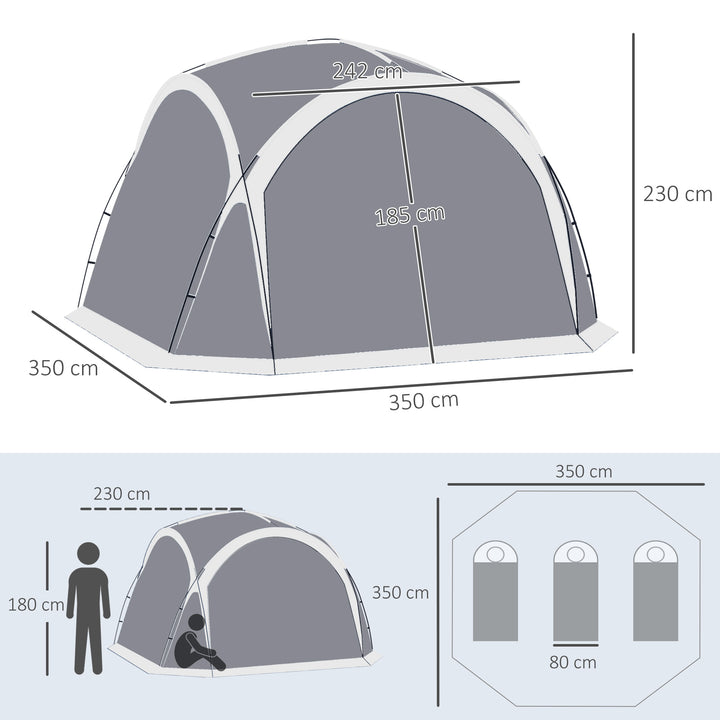 Abrigo de Campismo para 4-5 Pessoas com 4 Telas Mosquiteiras 2 Painéis de Tecido Oxford e Bolsa de Transporte para Campismo Viagens 350x350x230 cm Cinza