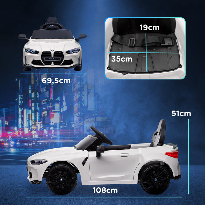 Carro Elétrico para Crianças BMW M4 Veículo Elétrico para Crianças 12V com Controlo Remoto Faróis Buzina Música Velocidade 3-5 km/h Cinto de Segurança Branco
