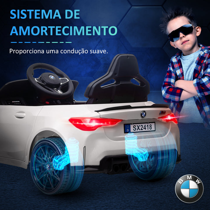 Carro Elétrico para Crianças BMW M4 Veículo Elétrico para Crianças 12V com Controlo Remoto Faróis Buzina Música Velocidade 3-5 km/h Cinto de Segurança Branco