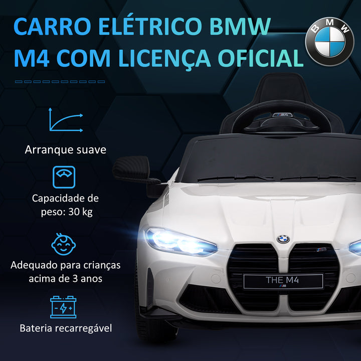Carro Elétrico para Crianças BMW M4 Veículo Elétrico para Crianças 12V com Controlo Remoto Faróis Buzina Música Velocidade 3-5 km/h Cinto de Segurança Branco