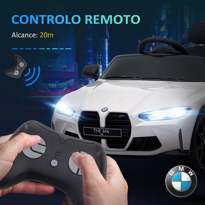 Carro Elétrico para Crianças BMW M4 Veículo Elétrico para Crianças 12V com Controlo Remoto Faróis Buzina Música Velocidade 3-5 km/h Cinto de Segurança Branco