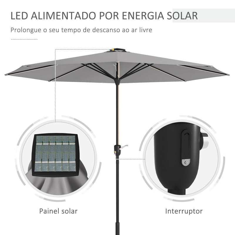 Chapéu de Sol de Jardim Ø265x240 cm Chapéu de Sol de Terraço com Luzes LED Solares Manivela e Impermeável para Piscina Pátio Cinza Claro