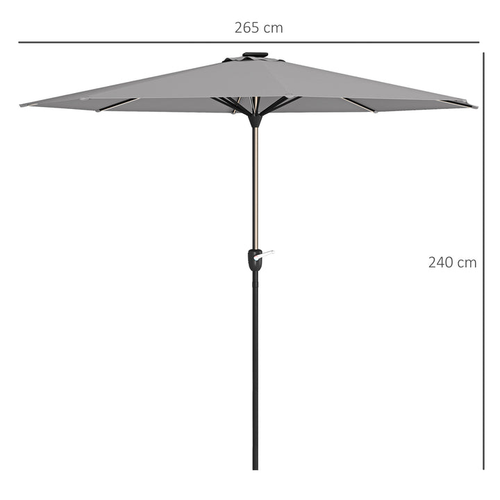 Chapéu de Sol de Jardim Ø265x240 cm Chapéu de Sol de Terraço com Luzes LED Solares Manivela e Impermeável para Piscina Pátio Cinza Claro