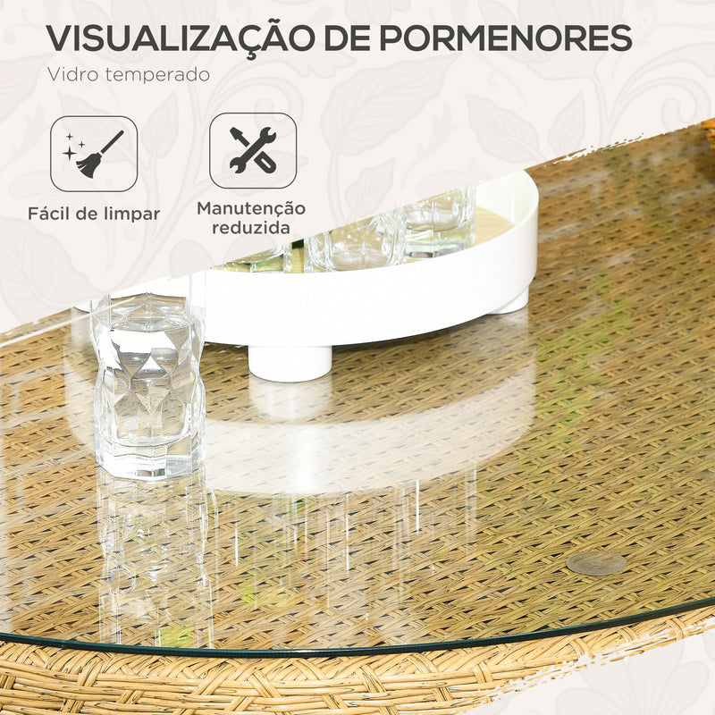 Conjunto de Refeição de Vime Sintético Conjunto de Móveis de Exterior de Vime de 7 Peças Inclui 6 Cadeiras com Almofadas e Mesa de Vidro Temperado Natural