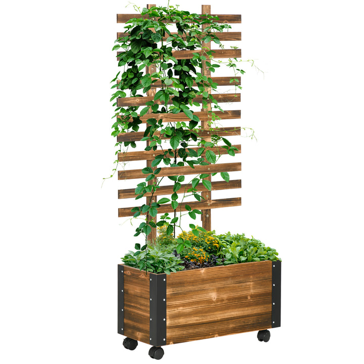 Floreira Exterior de Madeira Floreira com Treliça para Plantas Trepadeiras Tecido não Tecido Rodas e Cantos Metálicos de Dupla Camada para Pátio Varanda 65x31x147 cm Madeira
