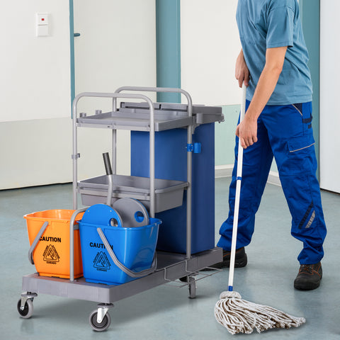 Carro de Limpeza Professional com Escorredor de Alavanca com 3 Prateleiras e 2 Baldes de 18L Bolsa com Tampa Rodas 111x63,3x103cm Cinza Azul e Laranja