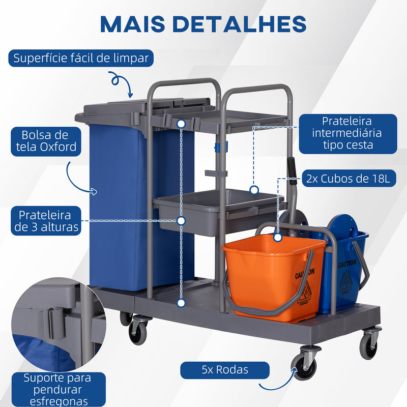 Carro de Limpeza Professional com Escorredor de Alavanca com 3 Prateleiras e 2 Baldes de 18L Bolsa com Tampa Rodas 111x63,3x103cm Cinza Azul e Laranja