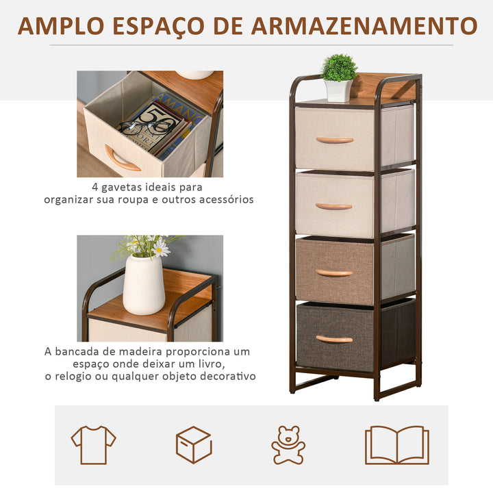 Cómoda de Tecido com 4 Cestos Removíveis e Dobráveis Base Elevada Móvel de Armazenamento para Dormitório Sala de Estar 31x29x99cm Multicor