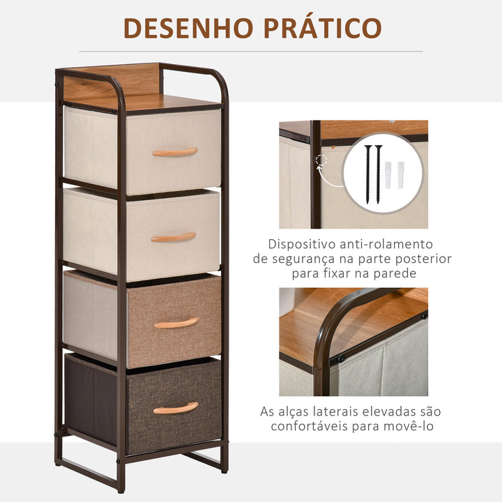 Cómoda de Tecido com 4 Cestos Removíveis e Dobráveis Base Elevada Móvel de Armazenamento para Dormitório Sala de Estar 31x29x99cm Multicor