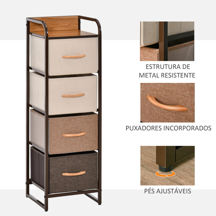 Cómoda de Tecido com 4 Cestos Removíveis e Dobráveis Base Elevada Móvel de Armazenamento para Dormitório Sala de Estar 31x29x99cm Multicor