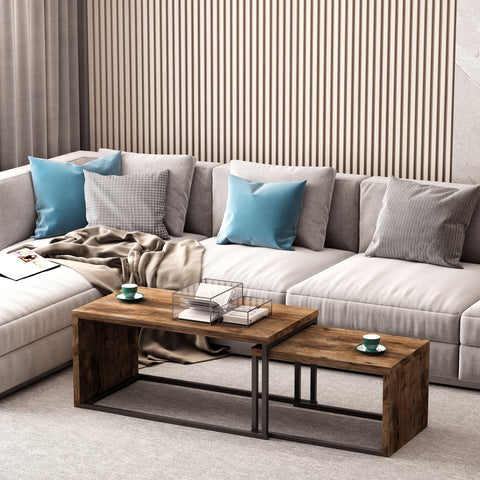 Conjunto de 2 Mesas de Centro Mesinhas de Café com Pés de Metal Estilo Industrial para Sala de Estar Sala de Jantar 90x48x42cm e 59x42x36cm Marrom Rústico