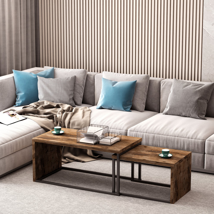 Conjunto de 2 Mesas de Centro Mesinhas de Café com Pés de Metal Estilo Industrial para Sala de Estar Sala de Jantar 90x48x42cm e 59x42x36cm Marrom Rústico