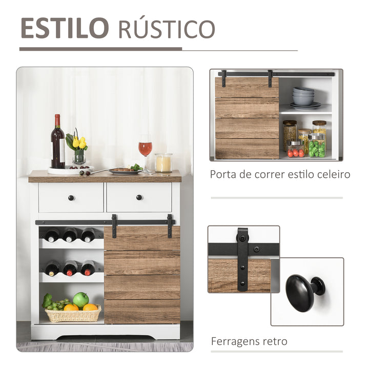 Aparador Armário de Cozinha Aparador de Cozinha com Porta de Correr de Celeiro Suporte para 6 Garrafas e 2 Gavetas Estilo Rústico para Sala de Jantar 80x39x86 cm Branco e Madeira