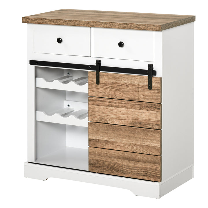 Aparador Armário de Cozinha Aparador de Cozinha com Porta de Correr de Celeiro Suporte para 6 Garrafas e 2 Gavetas Estilo Rústico para Sala de Jantar 80x39x86 cm Branco e Madeira