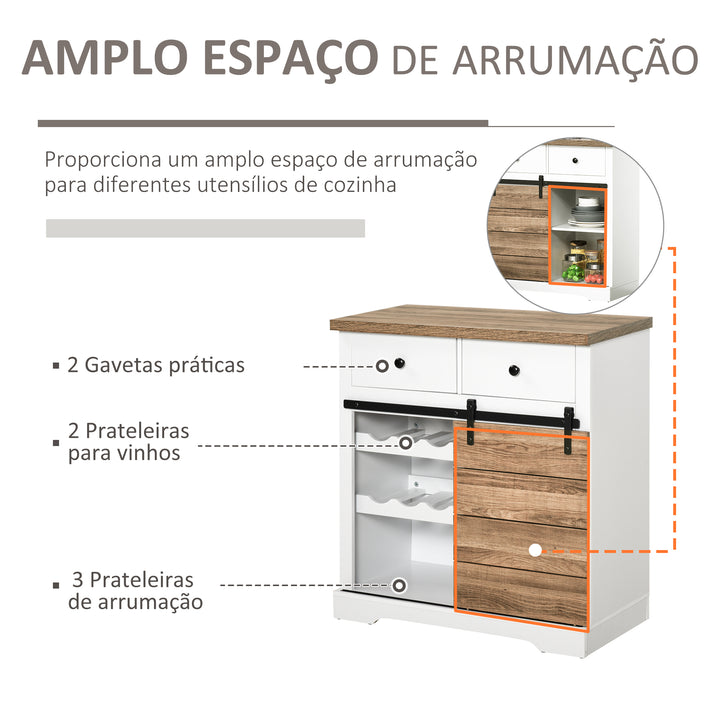 Aparador Armário de Cozinha Aparador de Cozinha com Porta de Correr de Celeiro Suporte para 6 Garrafas e 2 Gavetas Estilo Rústico para Sala de Jantar 80x39x86 cm Branco e Madeira