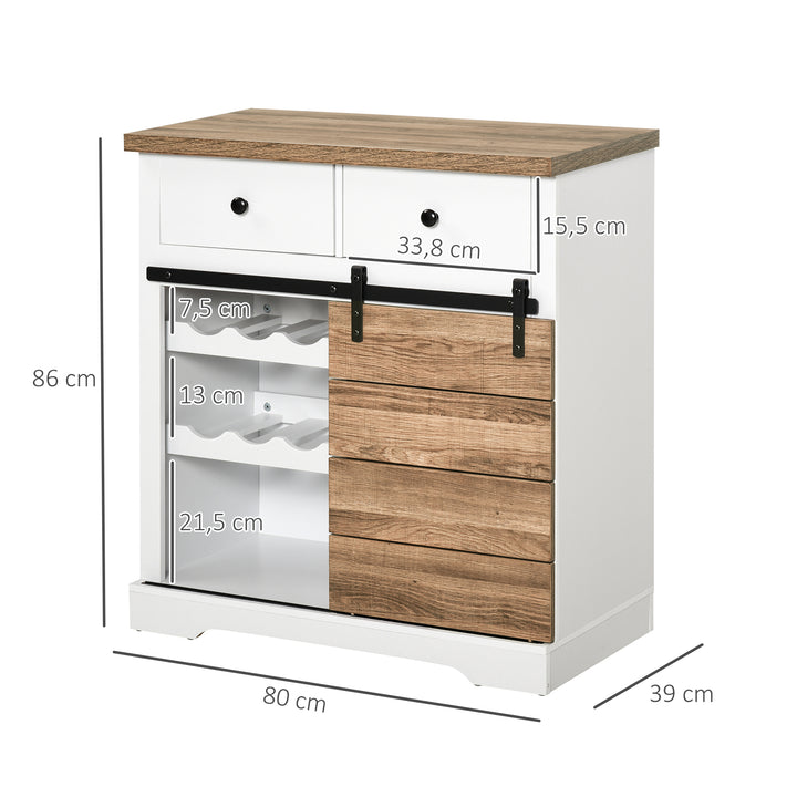Aparador Armário de Cozinha Aparador de Cozinha com Porta de Correr de Celeiro Suporte para 6 Garrafas e 2 Gavetas Estilo Rústico para Sala de Jantar 80x39x86 cm Branco e Madeira