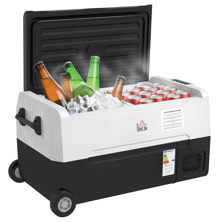 Geleira Elétrica de Compressor Portátil 30,5L para Carro -20? a 20? 12 / 24V CC e 100-240V AC com 2 Rodas Alças e Compartimento Congelador para Campismo Viagens 56,8x33x26,2 cm Preto